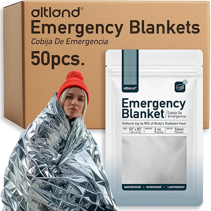 Altland 50 Pack of Emergency Blankets - Bulk Heat Reflective Blankets for Winter Survival Kits