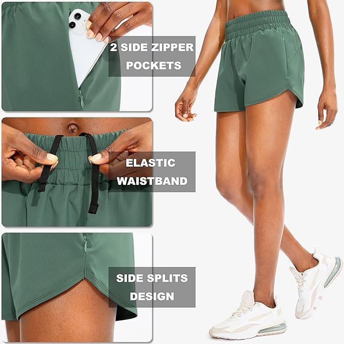 SANTINY Women's Running Shorts with Zip Pockets High Waisted Athletic Workout Gym Shorts for Women