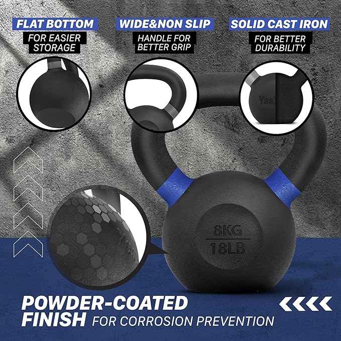 Yes4All Kettlebell, Heavy Duty Powder Coated Cast Iron Kettlebells, Non-Slip Handle & Flat Bottom