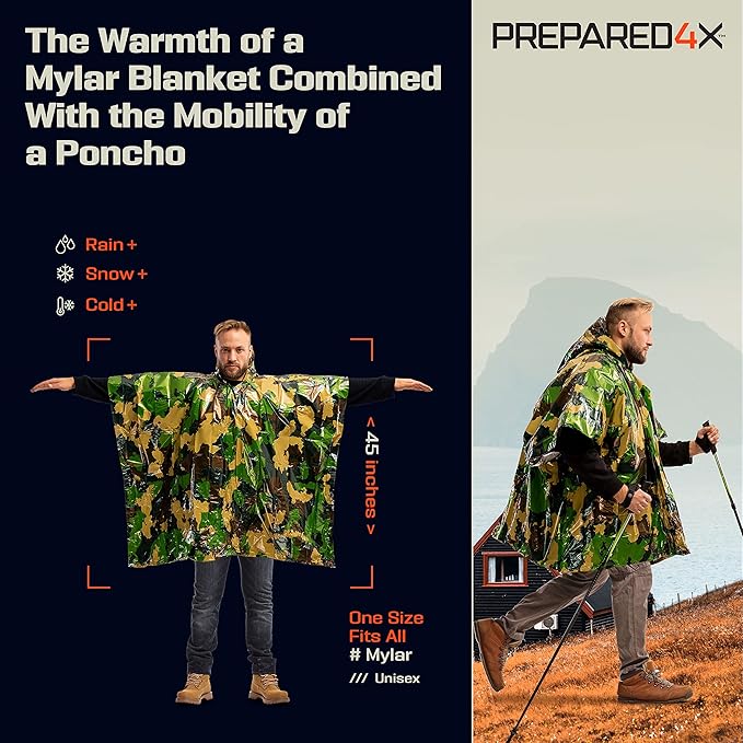 PREPARED4X Emergency Poncho and Mylar Blanket Liner - Waterproof, Wind-Resistant Outdoor Rain