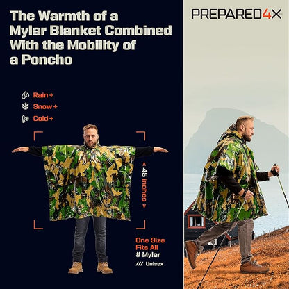 PREPARED4X Emergency Poncho and Mylar Blanket Liner - Waterproof, Wind-Resistant Outdoor Rain