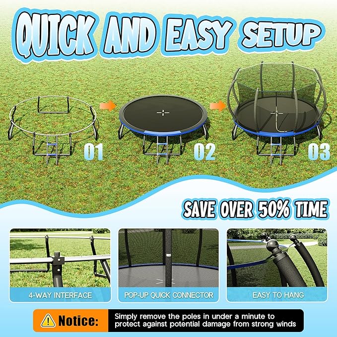 8FT 10FT 12FT 14FT 16FT Trampoline with Pop-up Quick Connector and Basketball Hoop, Trampoline