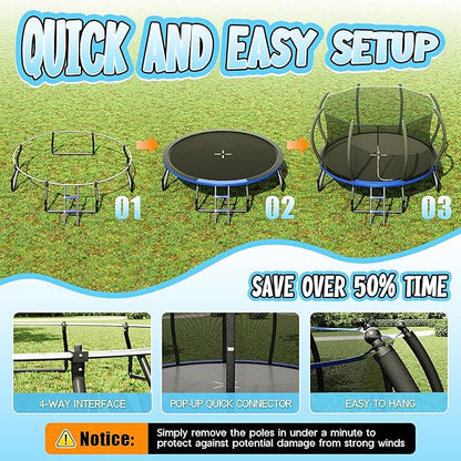 8FT 10FT 12FT 14FT 16FT Trampoline with Pop-up Quick Connector and Basketball Hoop, Trampoline