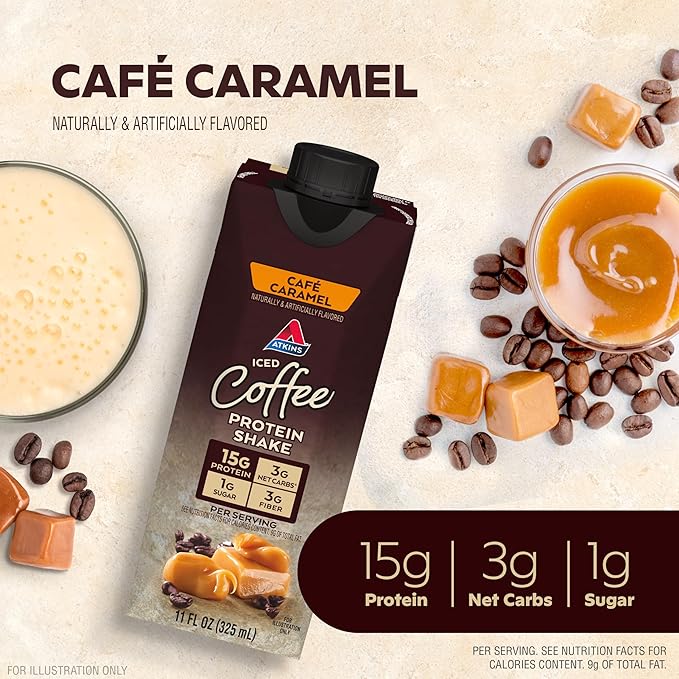 Atkins Café Caramel Iced Coffee Flavored Protein Shake, High Protein Shake, Low Glycemic, Low Carb