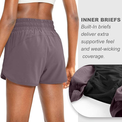 SANTINY Women's Running Shorts with Zip Pockets High Waisted Athletic Workout Gym Shorts for Women