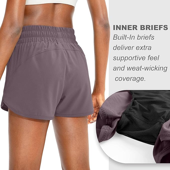 SANTINY Women's Running Shorts with Zip Pockets High Waisted Athletic Workout Gym Shorts for Women