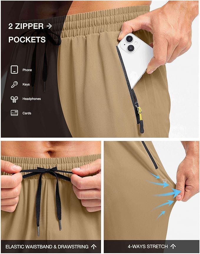 Pudolla Men's Lightweight Hiking Pants Quick-Dry Outdoor Sweatpants with Zipper Pockets for Casual