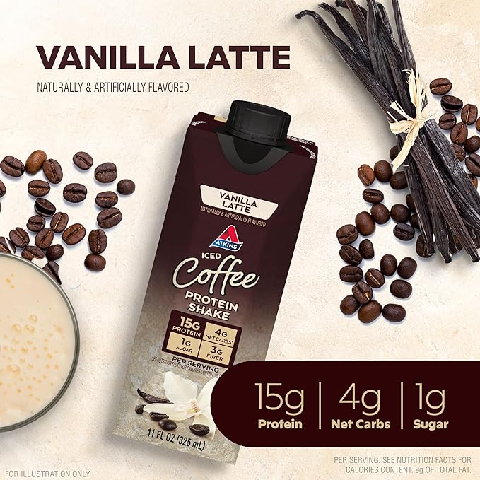 Atkins Iced Coffee Vanilla Latte Protein Shake, 15g Protein, Low Glycemic, 4g Net Carb, 1g Sugar