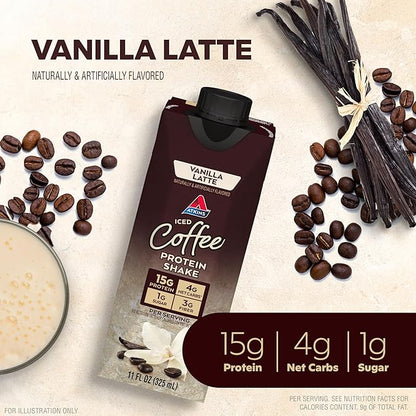 Atkins Iced Coffee Vanilla Latte Protein Shake, 15g Protein, Low Glycemic, 4g Net Carb, 1g Sugar