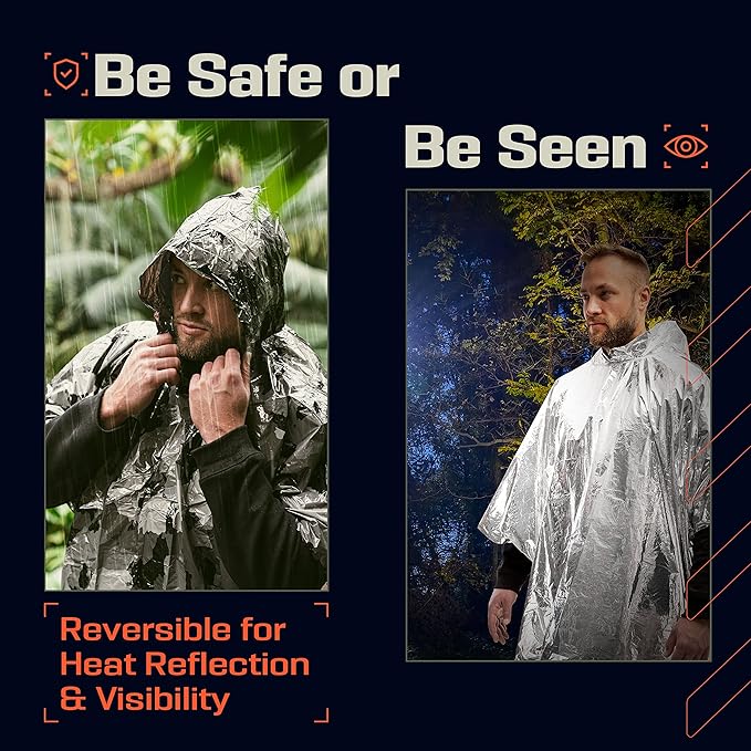 PREPARED4X Emergency Poncho and Mylar Blanket Liner - Waterproof, Wind-Resistant Outdoor Rain