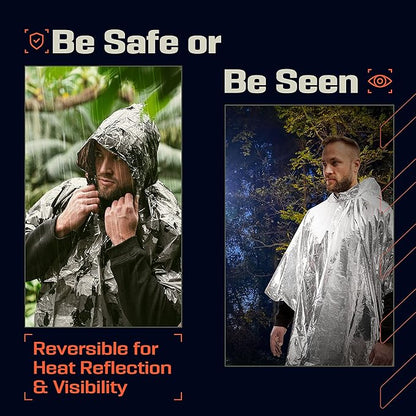PREPARED4X Emergency Poncho and Mylar Blanket Liner - Waterproof, Wind-Resistant Outdoor Rain