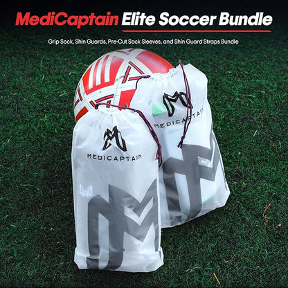 Soccer Grip Socks, Shin Guards, Pre Cut Sock Sleeves, and Guard Straps Bundle Pack - Essential
