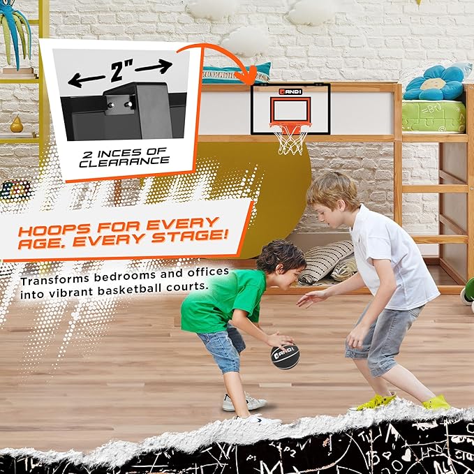 AND1 Over the Door Mini Basketball Hoop: 18x12 Shatterproof Backboard, 2 Mini Basketballs, and Hand