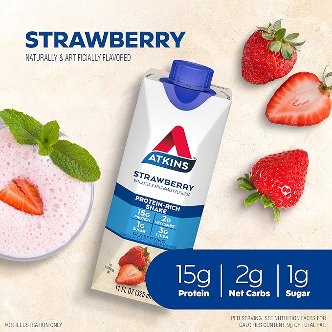 Atkins Strawberry Flavored Protein Shake, High Protein, Low Glycemic, Low Sugar and Low Carb, Keto