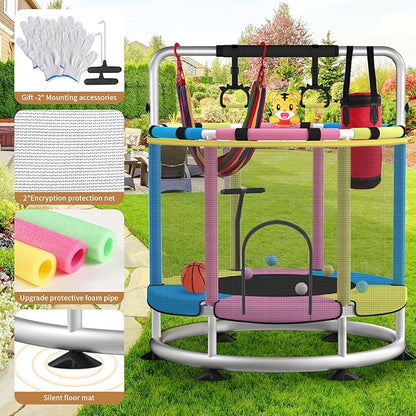 Trampoline for Kids, Adjustable Baby Toddler Trampoline with Basketball Hoop, Round Bottom Indoor