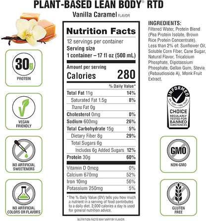 Lean Body Ready-to-Drink, Plant-Based Vegan Vanilla Caramel Protein Shake, 30g Protein, No