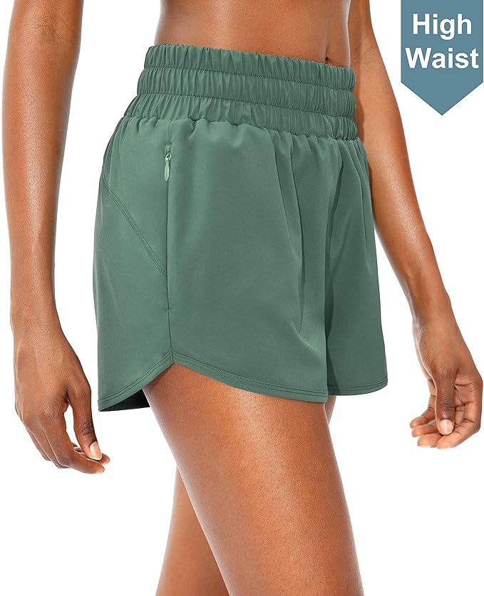 SANTINY Women's Running Shorts with Zip Pockets High Waisted Athletic Workout Gym Shorts for Women