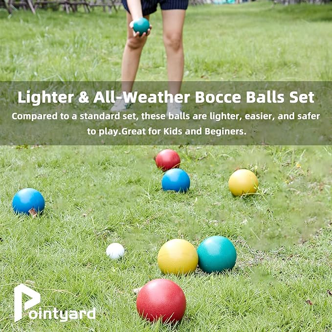 Pointyard 84mm Bocce Ball Set, Outdoor Games for Adults and Family, Backyard Ball Set with 8 PE