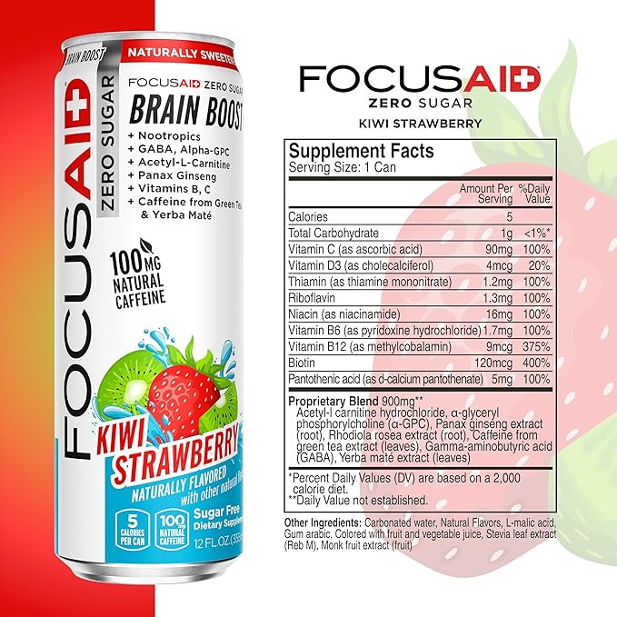 FOCUSAID ZERO SUGAR Nootropics Blend, Alpha-GPC, GABA, 100mg Natural Caffeine from Green Tea, Yerba