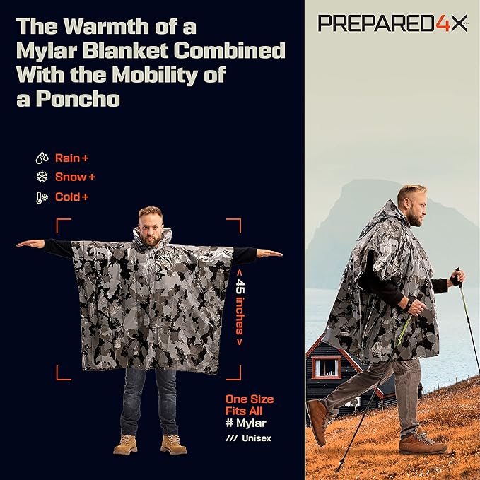 PREPARED4X Emergency Poncho and Mylar Blanket Liner - Waterproof, Wind-Resistant Outdoor Rain