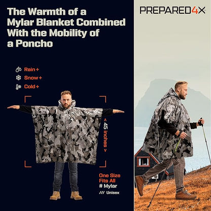 PREPARED4X Emergency Poncho and Mylar Blanket Liner - Waterproof, Wind-Resistant Outdoor Rain