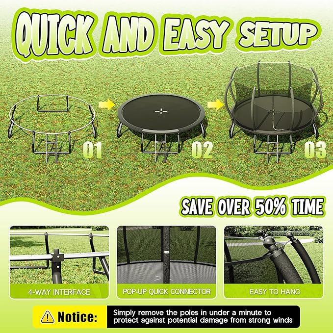 8FT 10FT 12FT 14FT 16FT Trampoline with Pop-up Quick Connector and Basketball Hoop, Trampoline