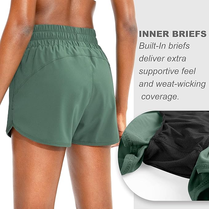 SANTINY Women's Running Shorts with Zip Pockets High Waisted Athletic Workout Gym Shorts for Women