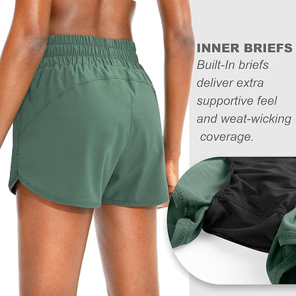 SANTINY Women's Running Shorts with Zip Pockets High Waisted Athletic Workout Gym Shorts for Women