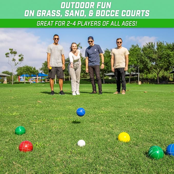 GoSports Mini Travel Size Bocce Game Set with 8 Balls, Pallino, Tote Bag and Measuring Rope