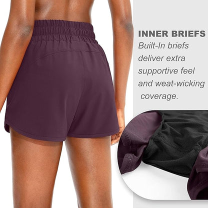 SANTINY Women's Running Shorts with Zip Pockets High Waisted Athletic Workout Gym Shorts for Women
