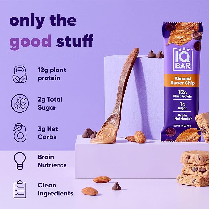 IQBAR Brain and Body Plant Protein Bars - Almond Butter Chip - 12-Count Low Carb - Gluten Free