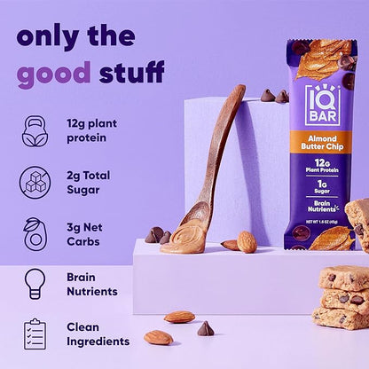 IQBAR Brain and Body Plant Protein Bars - Almond Butter Chip - 36-Count Low Carb - Gluten Free