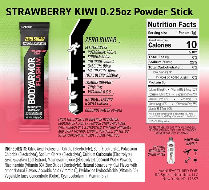 BODYARMOR Flash IV Electrolyte Packets, Strawberry Kiwi, Lemon Lime, & Tropical Punch Variety Pack