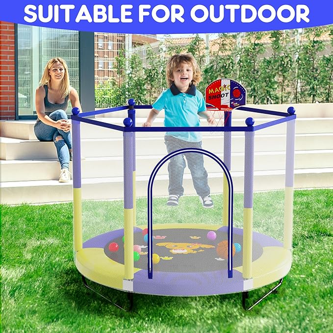 60" Trampoline for Kids, 5 FT Indoor & Outdoor Toddler Baby Trampoline with Basketball Hoop, Safety