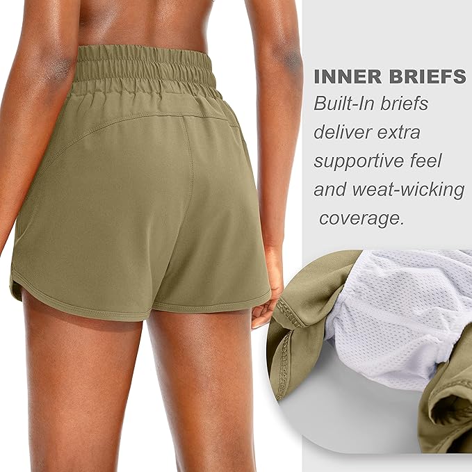 SANTINY Women's Running Shorts with Zip Pockets High Waisted Athletic Workout Gym Shorts for Women