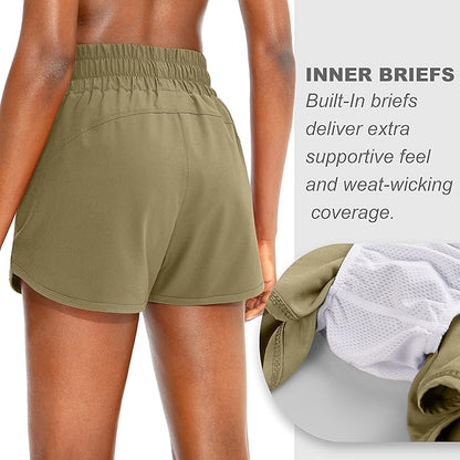 SANTINY Women's Running Shorts with Zip Pockets High Waisted Athletic Workout Gym Shorts for Women