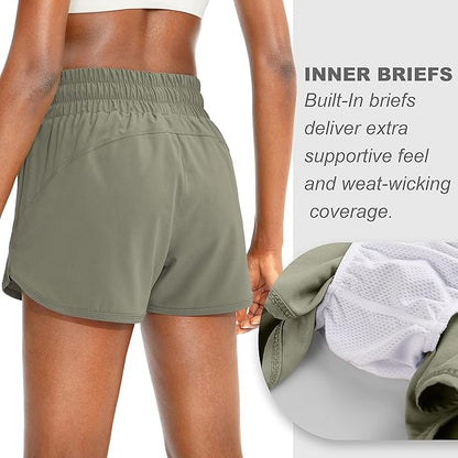 SANTINY Women's Running Shorts with Zip Pockets High Waisted Athletic Workout Gym Shorts for Women