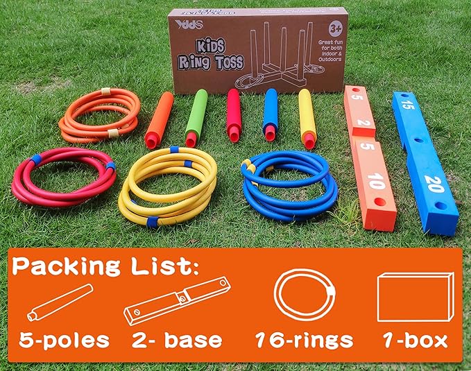 Ring Toss Game for Kids, Indoor & Outdoor Game for Family and Adults with 5 Poles, 2 Bases and 16