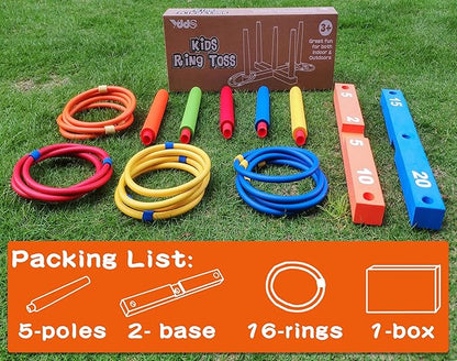 Ring Toss Game for Kids, Indoor & Outdoor Game for Family and Adults with 5 Poles, 2 Bases and 16