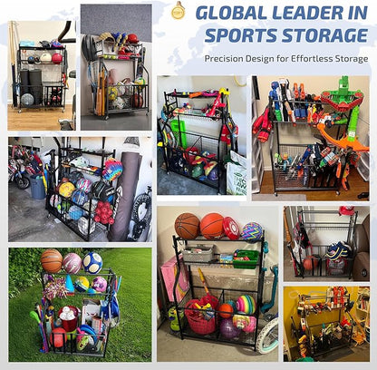 PLKOW Sports Equipment Organizer - Garage Storage Rack with Basket and Hooks, Ball Storage, Toy and