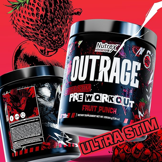 Outrage Ultra HIGH STIM Pre-Workout Powder for Men Fruit Punch | 400mg Caffeine, L-Citrulline