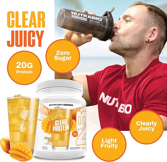NutraBio Clear Protein Powder, Mango Mist - 20 Servings, 20g Clear Whey Protein Isolate, 0 Sugar