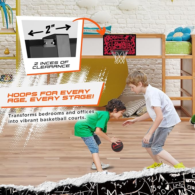 AND1 Over the Door Mini Basketball Hoop: 18x12 Shatterproof Backboard, 2 Mini Basketballs, and Hand