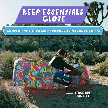 Chillbo Shwaggins Inflatable Couch – No-Pump Setup, Ripstop Polyester, Stability Pegs, Fun Prints
