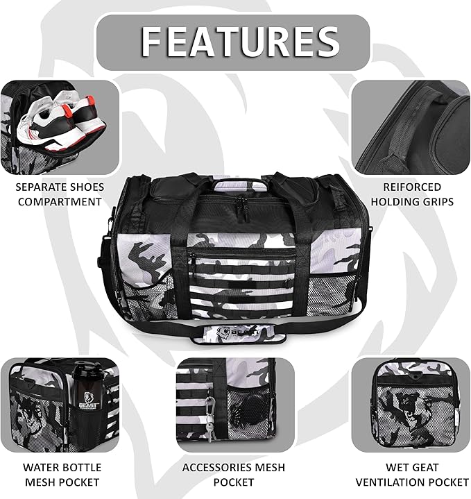 Unisex Duffel Bag Gray Camo, Extra Roomy Waterproof Gym Bag For Women with Shoe Compartment, Sports