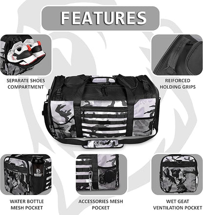 Unisex Duffel Bag Gray Camo, Extra Roomy Waterproof Gym Bag For Women with Shoe Compartment, Sports