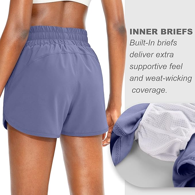 SANTINY Women's Running Shorts with Zip Pockets High Waisted Athletic Workout Gym Shorts for Women