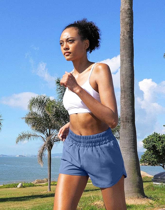 SANTINY Women's Running Shorts with Zip Pockets High Waisted Athletic Workout Gym Shorts for Women