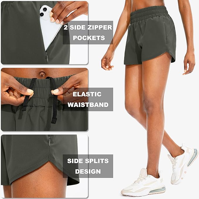 SANTINY Women's Running Shorts with Zip Pockets High Waisted Athletic Workout Gym Shorts for Women