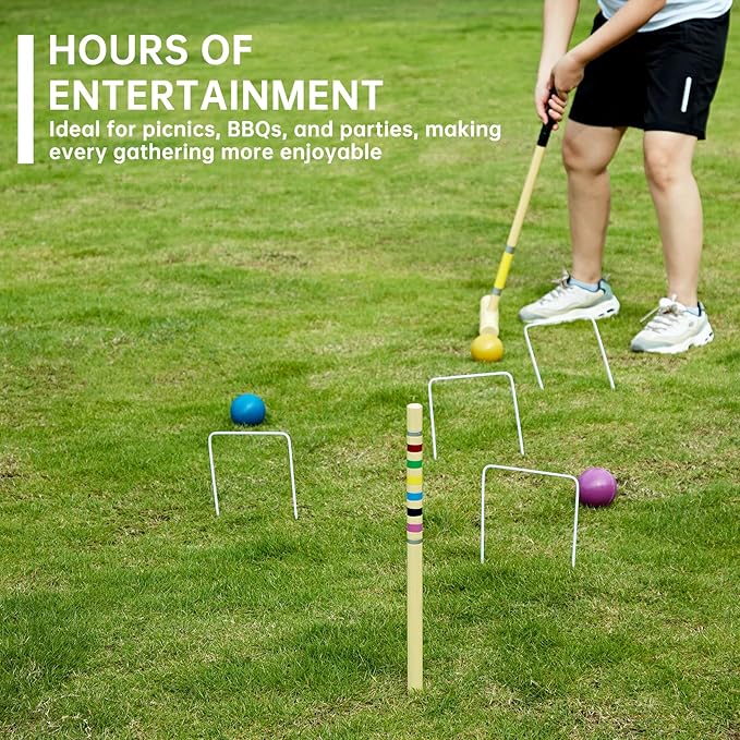 Pointyard 28" Croquet Set for 6 Players - Premium Wooden Mallets, Colored Balls & Carry Bag - Fun